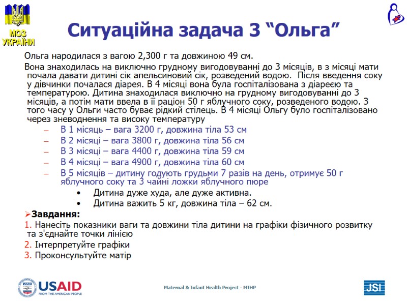 Ситуаційна задача 3 “Ольга” Ольга народилася з вагою 2,300 г та довжиною 49 см. Ситуаційна задача 3 “Ольга” Ольга народилася з вагою 2,300 г та довжиною 49 см.